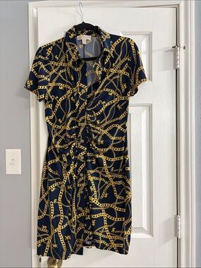 Michael Kors Navy Dress with Gold Chain Print